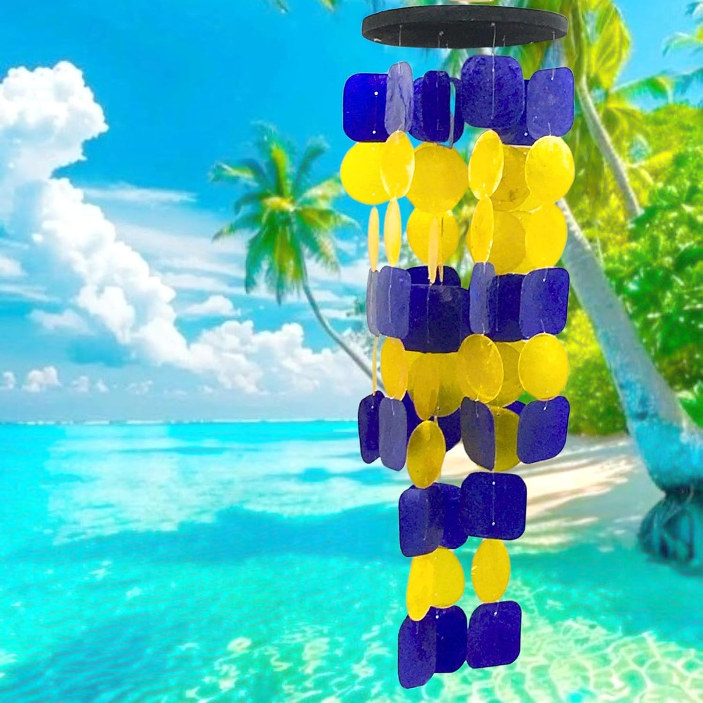 Bellaa 24889 Wind Chimes Outdoor, Garden Decorations, Musical, Indoor/Outside Windchimes, Beach, Ocean Breeze, Gifts for Mom, Gift for All Occasions, Capiz Sea Glass Shells Wood Yellow Blue