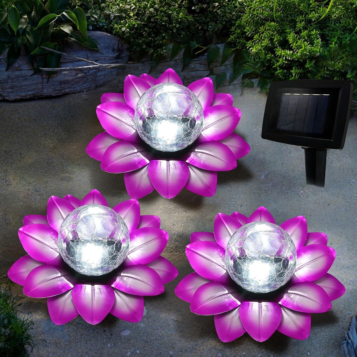 LEWIS&WAYNE Solar Garden Lights Outdoor, 3 Pcs Purple Lotus Flower Pathway Lamps with Cool White Crackle Glass Globe Led Lights for Patio Pathway Yard Balcony Garden Decorations