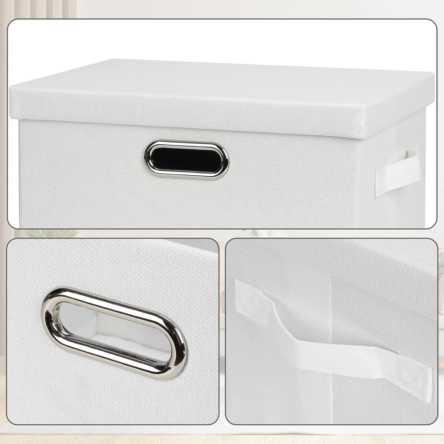 Medium 15" 21 Quart Collapsible Stackable Storage Bins with Lids, 3 Packs White Foldable Fabric Closet Boxes Heavy-duty Linen Cube Baskets Container for Bedroom Office (15 x 11 x 8)