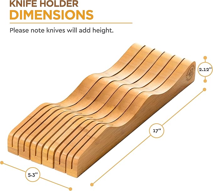 In-Drawer Knife Block - Bamboo Knife Drawer Organizer for Kitchen - Fits 5 Long + 6 Short Knives - Store Knives with Blades Pointing Down - Wooden Steak knife Holder without Knives - Chef Gift Idea