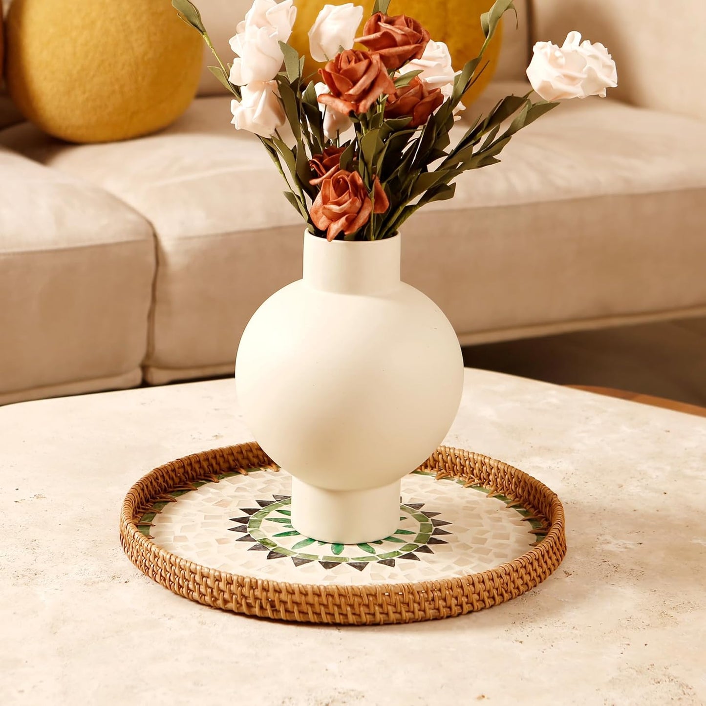 Round Rattan Tray with Mother of Pearl Inlay & Wooden Base - Decorative Wicker Serving Tray for Coffee/Bread/Fruits, Food Storage & Display - Multipurpose Home Decor (M,Bohemia)