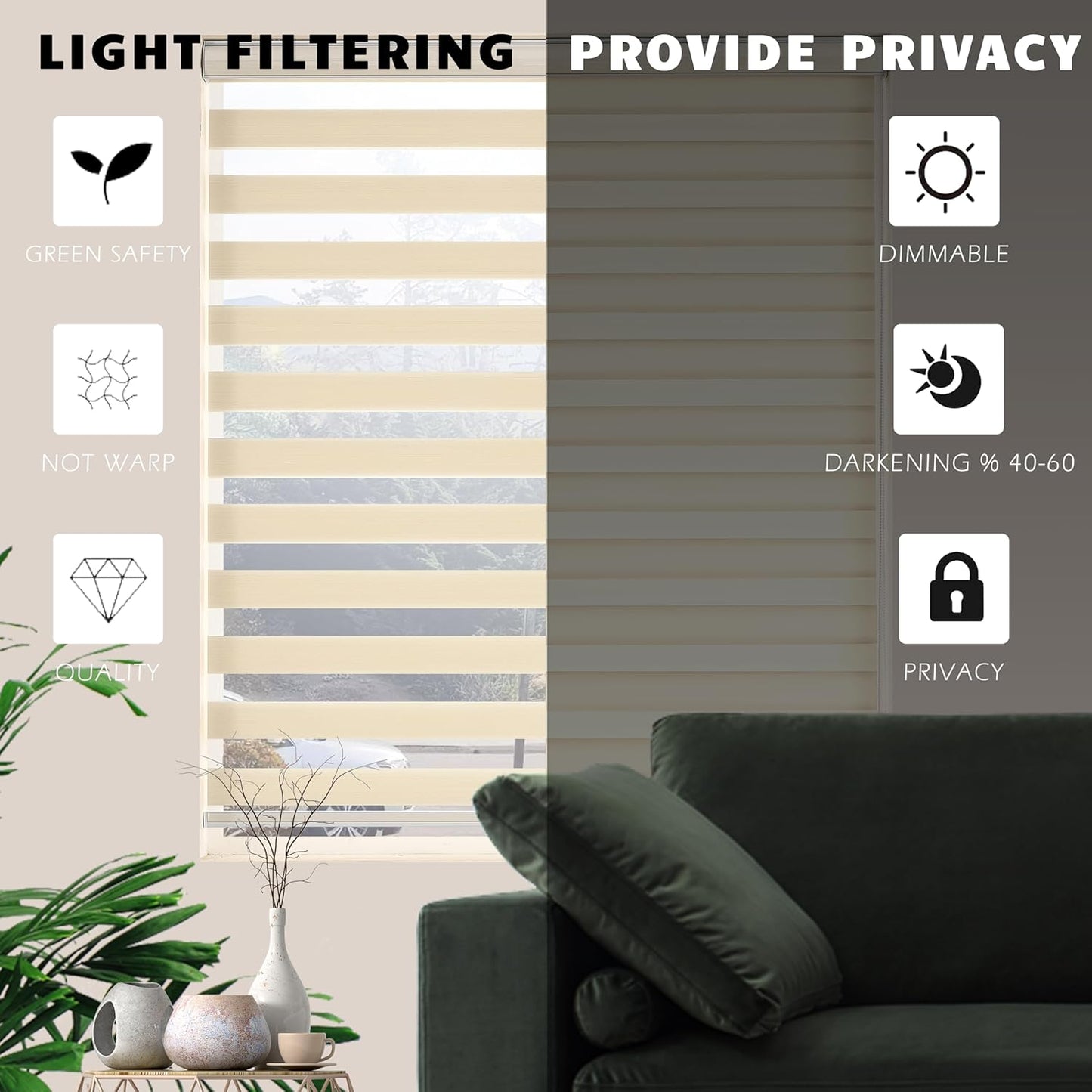 Window Blind Dual Layer Polyester Zebra Roller Light Filtering Sheer Shades Window Treatments Privacy Light Control for Day and Night(W26 x H72(Inch), Cream)