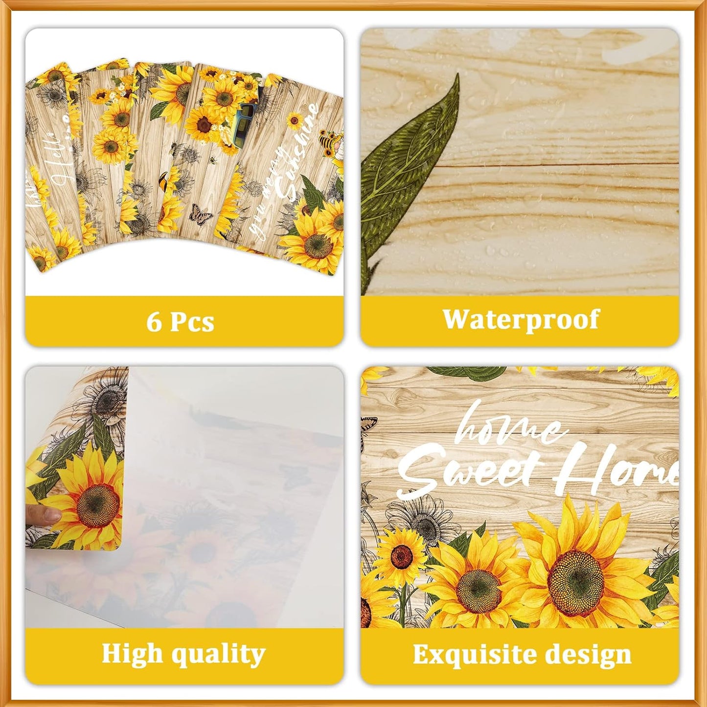 Sunflower Placemats Set of 6 Sunshine Plastic Table Mats Vintage Sunflower Theme Place Mats Summer Holiday Washable Table Placemats for Indoor Outdoor Party Kitchen Dining