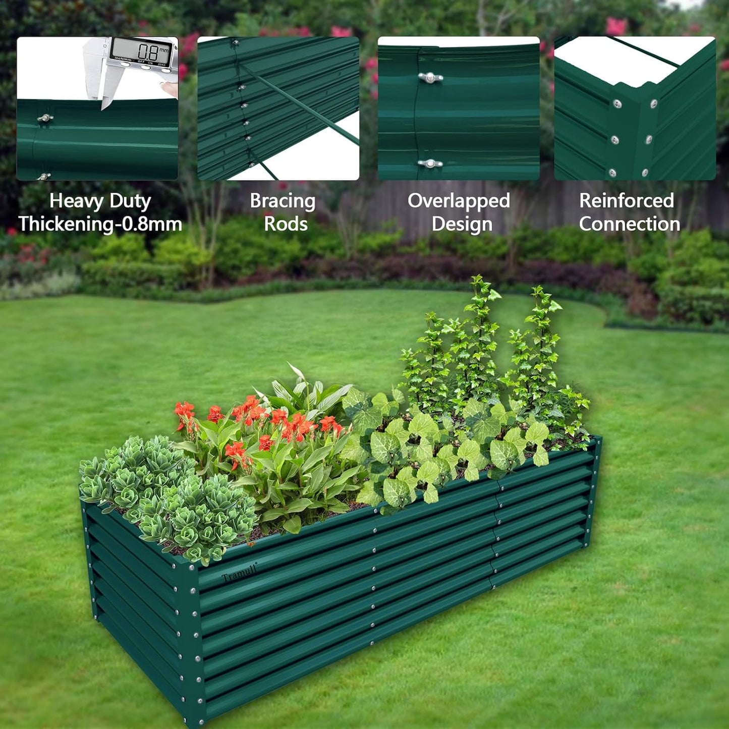 1 Pack 8x3x2FT Galvanized Raised Garden Bed Kit Retangular Metal Ground Planter Box Outdoor Bottomless Planter Raised Beds for Vegetables Flowers Herbs Fruits, Green