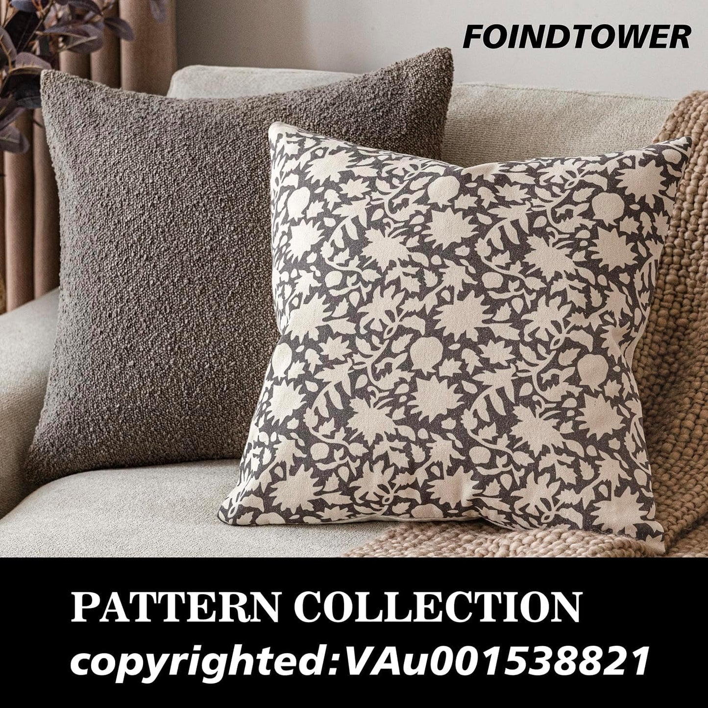 Foindtower Set of 2 Decorative Neutral Floral Throw Pillow Covers Accent Farmhouse Cushion Covers Boho Vintage Pillowcase for Couch Sofa Bedroom Living Room Home Decor Outdoor,22×22 Inch,Rustic Gray