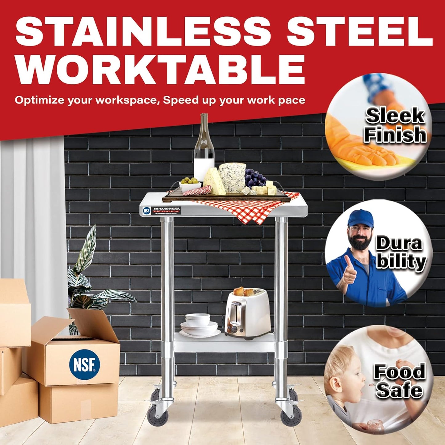 DuraSteel 24x12 NSF Stainless Steel Cart - Heavy Duty Rolling Food Prep Table with Undershelf - Metal Utility Cart for Commercial Restaurant Kitchen, Laundry, Side Mixer Stand