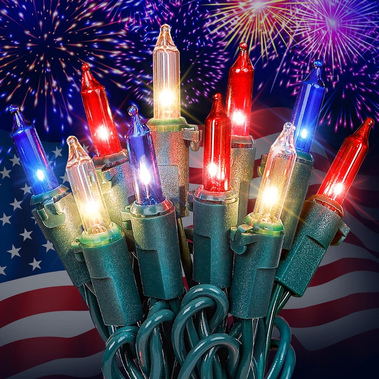 Hopolon Red White and Blue Mini Lights,2PACK 50Count 4th of July Patriotic String Lights Green Wire,13FT Incandescent Independence Day Light for Indoor Outdoor Christmas Party Decor,Red White Blue