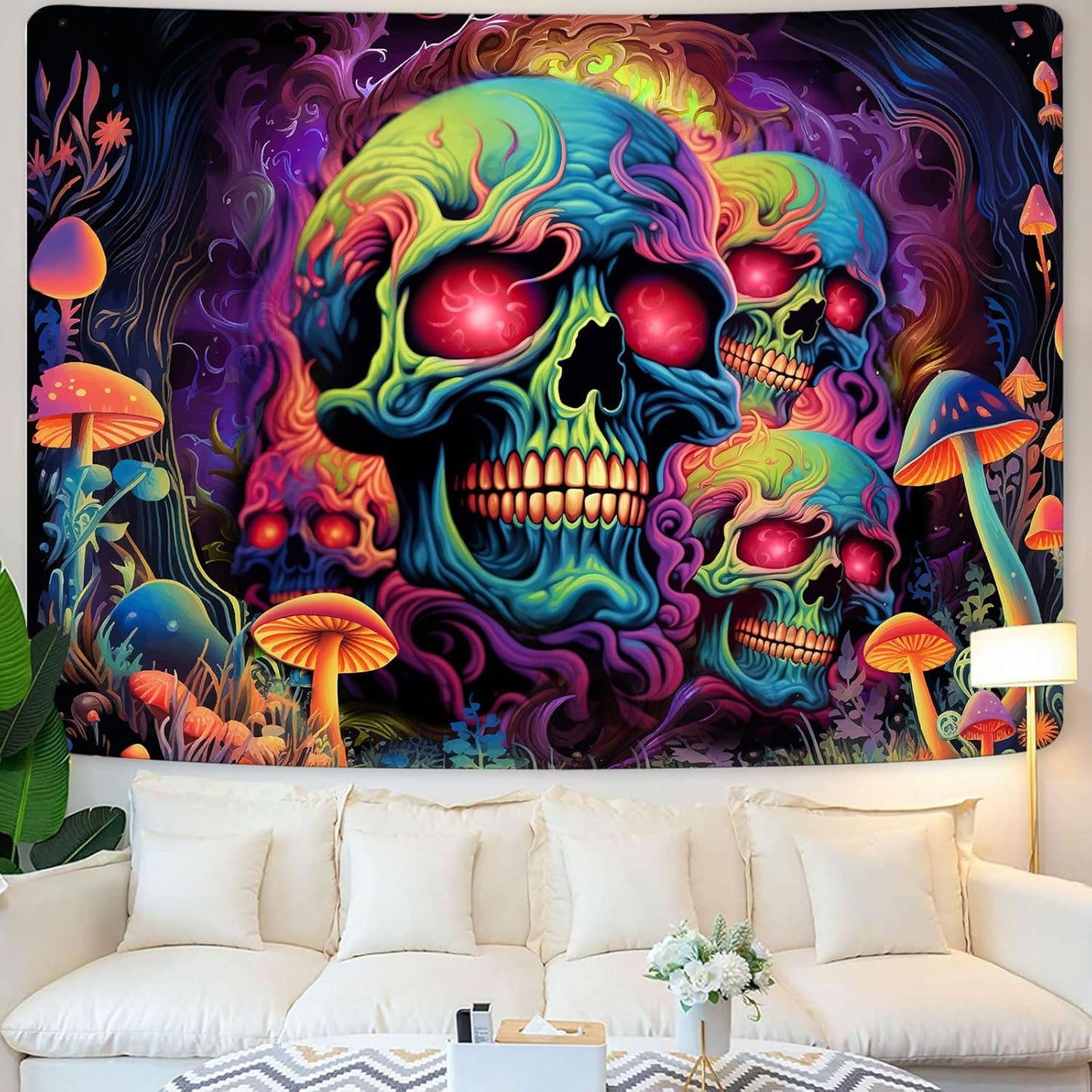 Xiaoput Skull Blacklight Wall Art, UV Reactive Skeleton Tapestry for Bedroom, Living Room, Dorm Decor 70x60IN