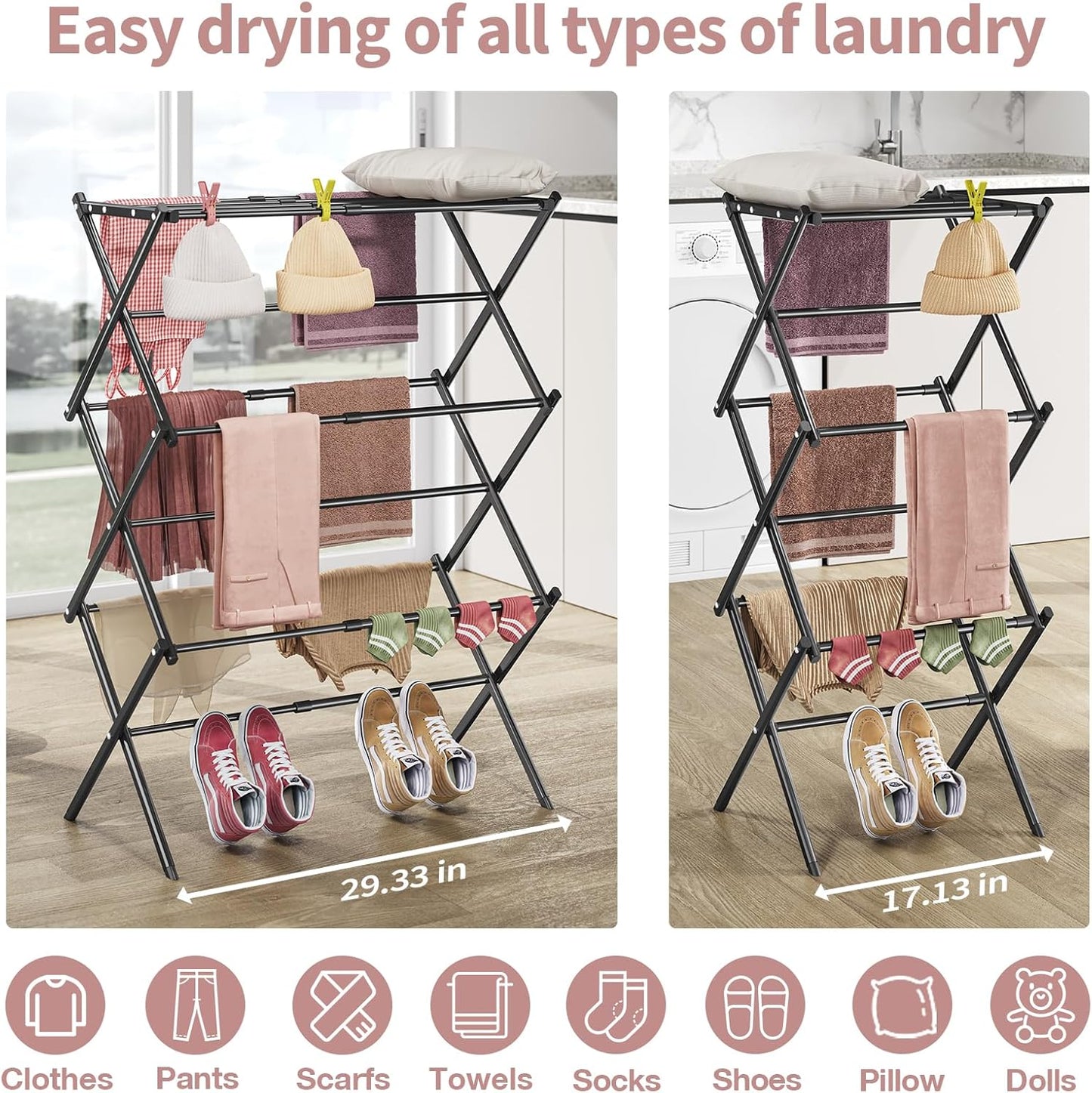 APEXCHASER Clothes Drying Rack, 3-Tier Laundry Drying Rack for Clothes, Expandable Metal Clothing Dryer, Collapsible Towel Rack, Air Drying Rack, Black