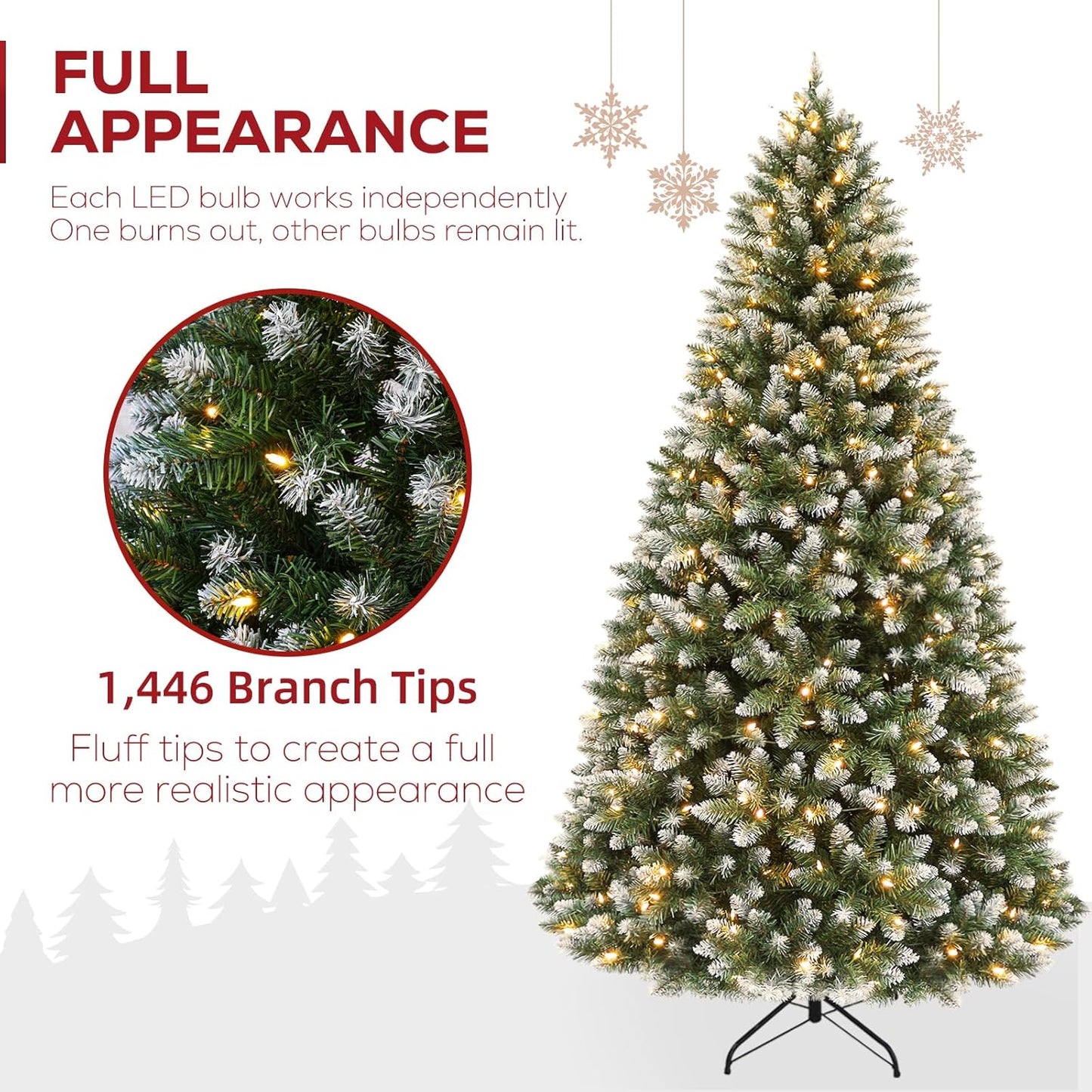 Hykolity 7.5 ft Prelit Christmas Tree, Artificial Christmas Tree with 350 Warm White Lights, 1446 Branch Tips, Metal Stand and Hinged Branches