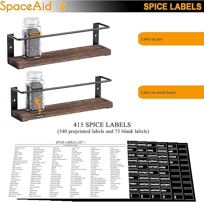 SpaceAid Spice Rack Organizer for Cabinet Door or Wall Mount (4 Pack) with 415 Spice Labels - Wood Hanging Seasoning Shelf for Cupboard Pantry or over the Stove