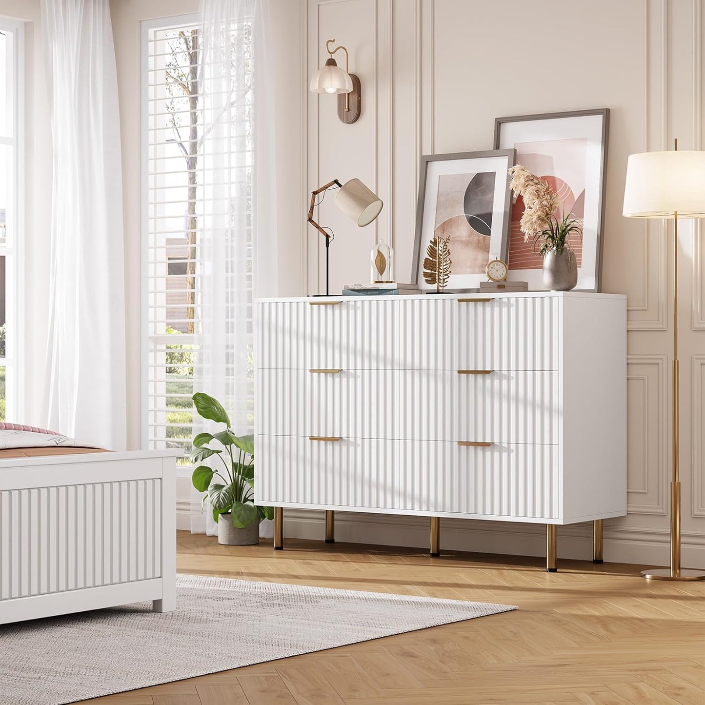 White 6 Drawer Dresser for Bedroom, Fluted 54" Wide Modern Chest of Drawers with Deep Drawers, Long Large Double Dresser TV Stand for Living Room, Hallway, Kids Room