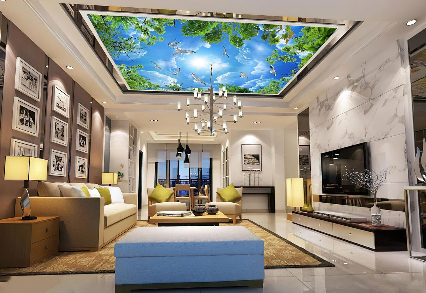 Sky Seagull Green Tree Ceiling 3D Wall Mural Wallpaper 178" x 117"