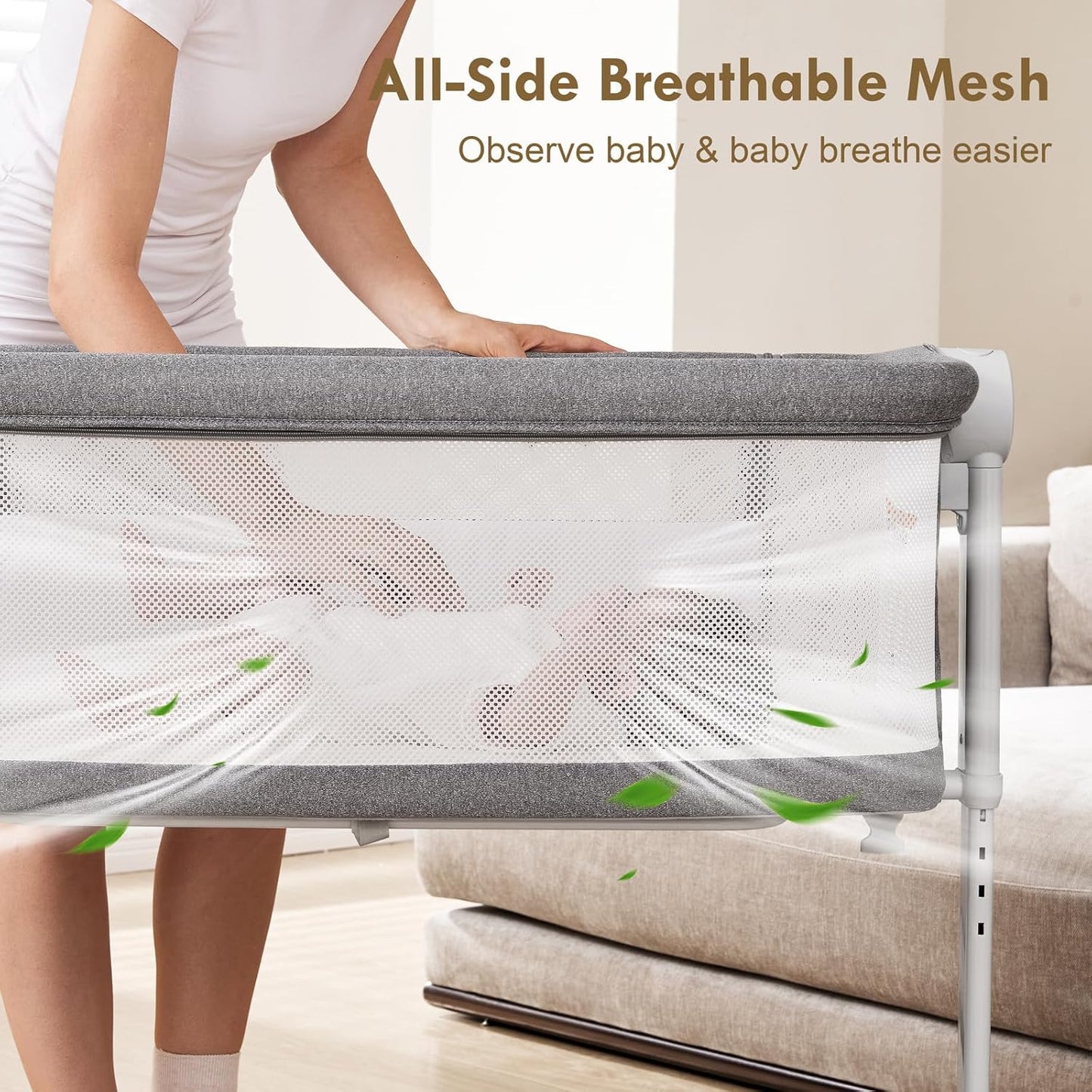 Bassinet Bedside Sleeper - All-Mesh Design, Portable Bedside Bassinet for Baby with Washable Mattress, 5 Adjustable Heights (Grey)