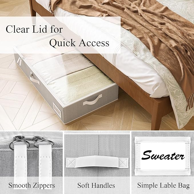 Under Bed Storage Containers, 2-Pack Underbed Storage Box, Collapsible Clothes Storage Bins with Handles and Lid, Large Under Bed Organizers for Shoe, Blanket, Pillow, Sheet, Gray