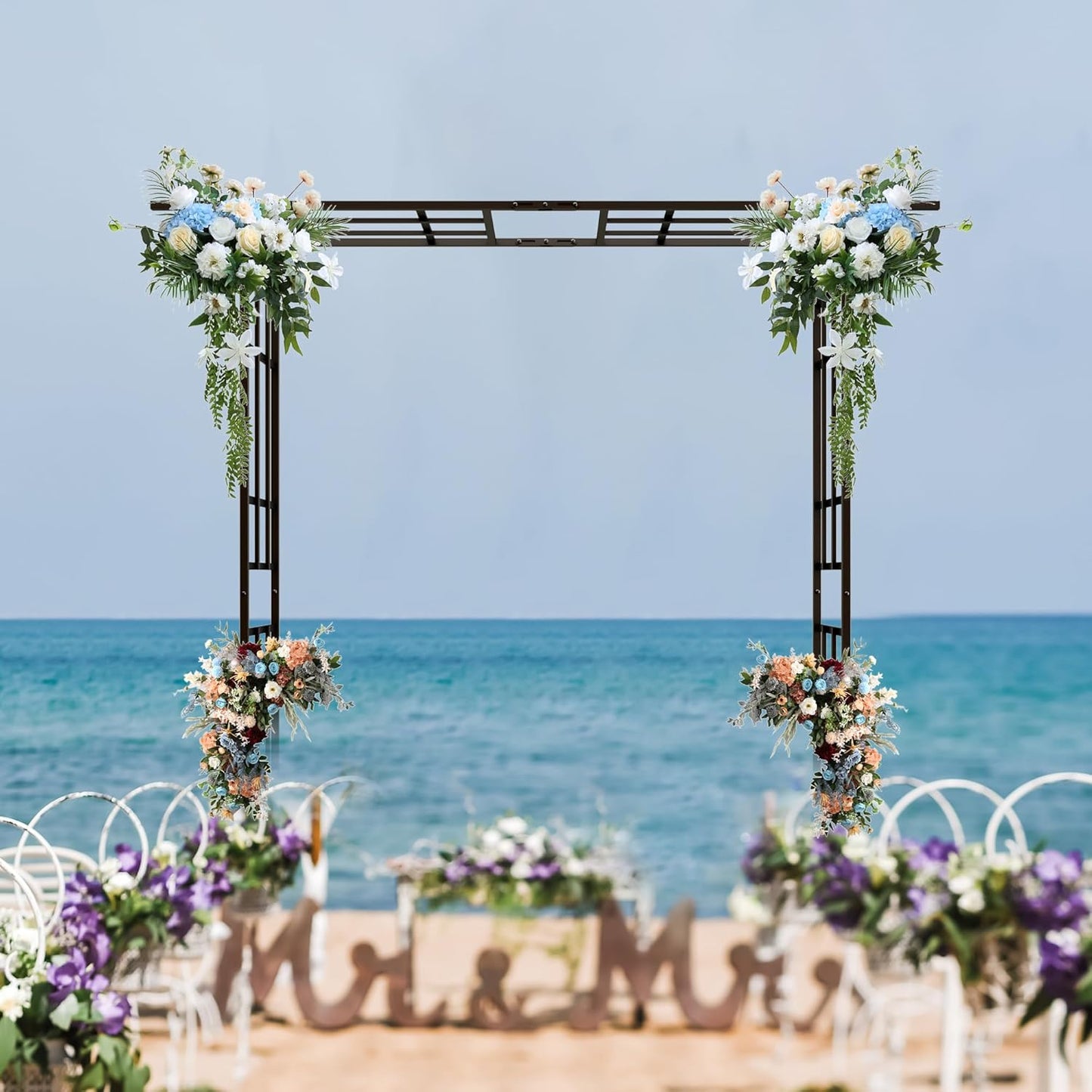 Metal Garden Arch Arbor Trellis Climbing Plants Outdoor Black Flat Top or Arch, Adjustable Width W42.52''~W78.15'', for Lawn Wedding Party Archway
