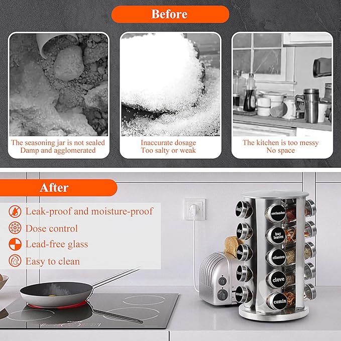 DOUBLE 2 C Revolving Spice Rack with 20 Jars, Rotating Spice Rack Organizer, Seasoning Organizer with Labels, Stainless Steel Spice Carousel for Kitchen Countertop, Cabinet