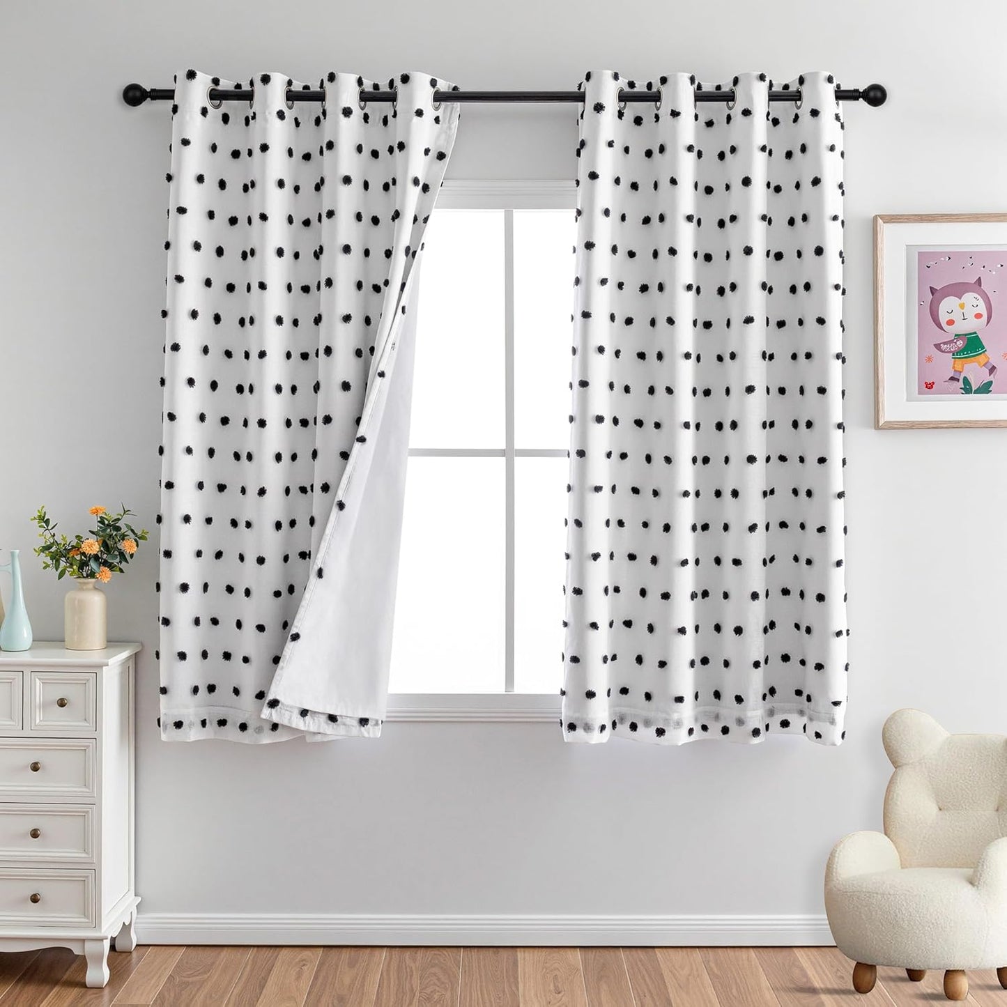 MYSKY HOME Blackout Curtains for Kids Bedroom 100% Light Block Out Thermal Insulated Curtain 63 Inches Grommet Room Darkening Curtains Privacy Window Drapes with Black Pom Pom Sheers，2 PCS, 52" x 63"