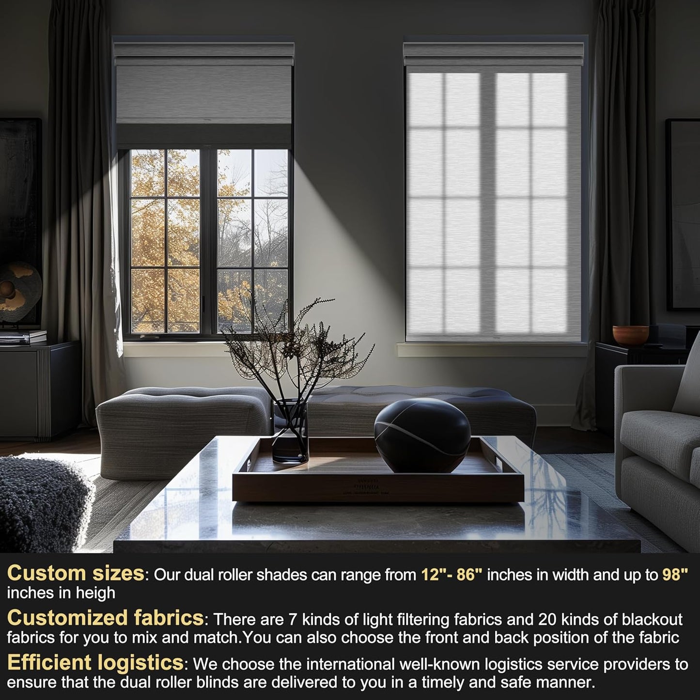 BERISSA Cordless Dual Roller Shades with Cassette Valance, Double Window Shades Blackout and Light Filtering, Day and Night for Home Office Door. Grey and White. 36 W x 48" H