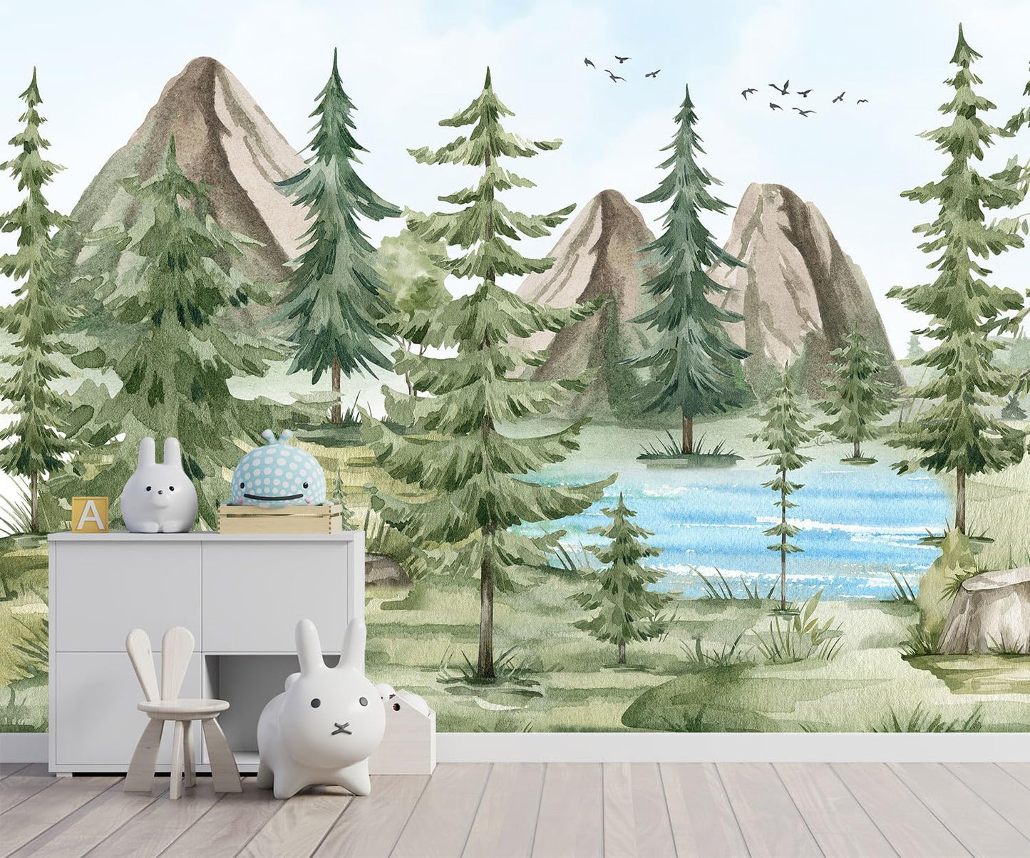 -Watercolor Green Pine Mural Cartoon Forest Fabric Wallpaper Children's Room 140" x 91"(Not Peel and Stick)