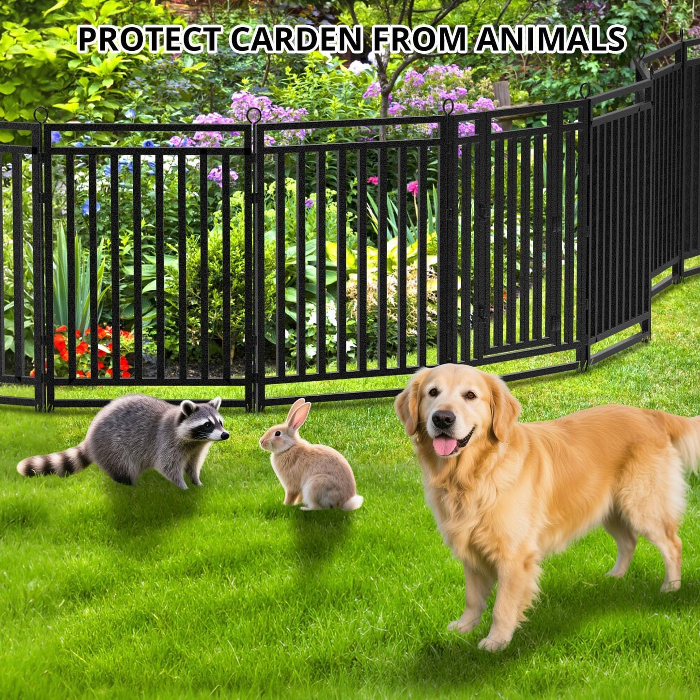 Decorative Garden Fence Metal Dog Fence Outdoor for Yard, 110ft (L) × 32in (H), 42 Panels + 6 Gates, Rustproof Animal Barrier Fencing for Patio & Flower Bed, No Dig, Black-Silver