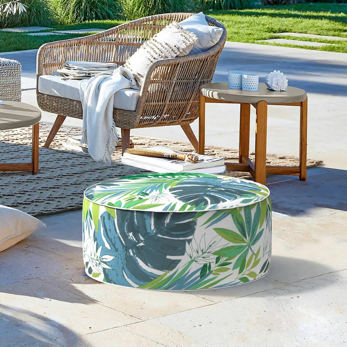 LVTXIII Outdoor/Indoor Round Inflatable Ottoman, All Weather Patio Footstool, Portable Footrest Seat for Patio Garden, Camping or Home, 21"x21"x9", Islamorada Blue Green