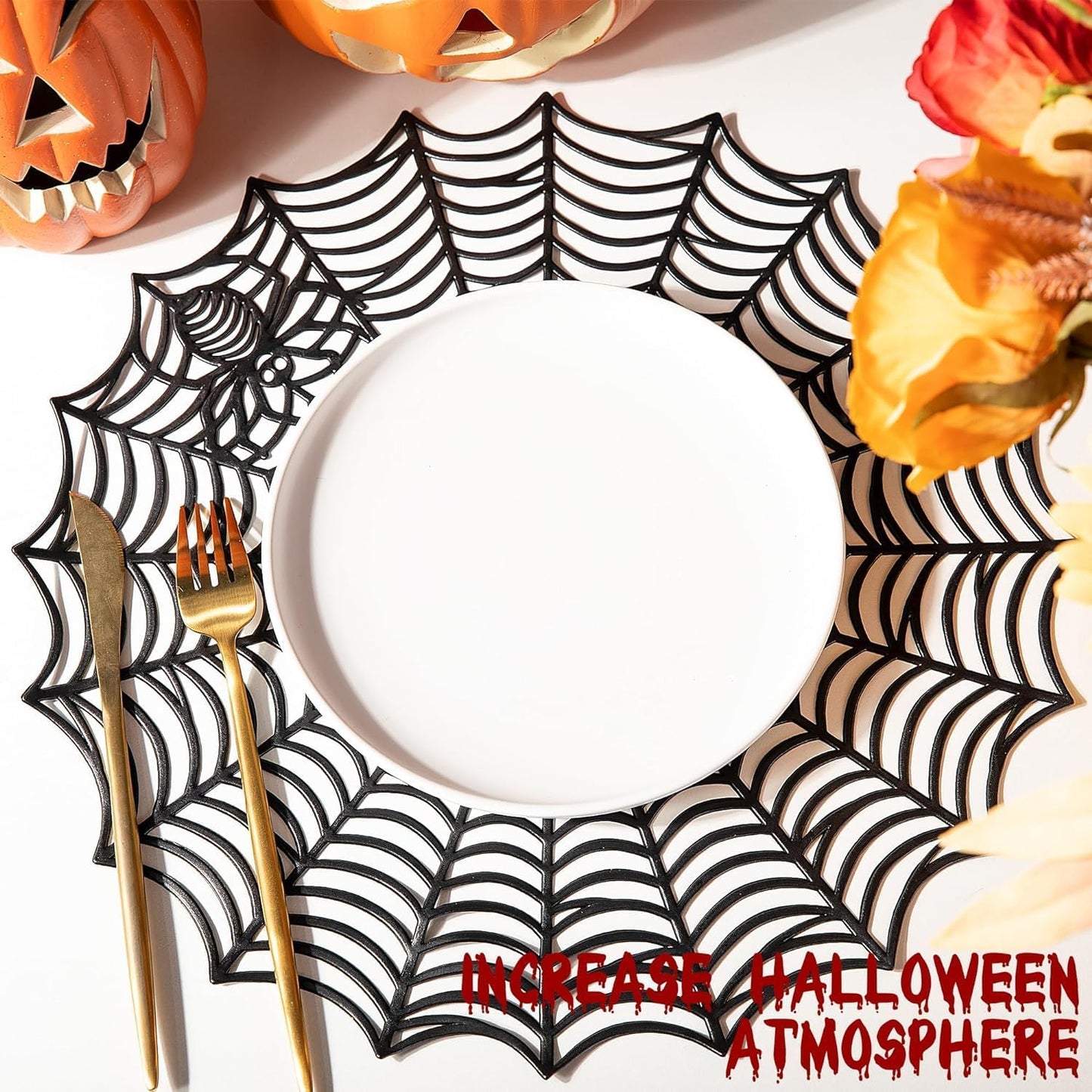 8 Pcs Spider Web Placemats - 15" Heat Insulation Table Mats - Hollow Out Spiderweb Coasters for Dining Table Halloween Decoration (Black)