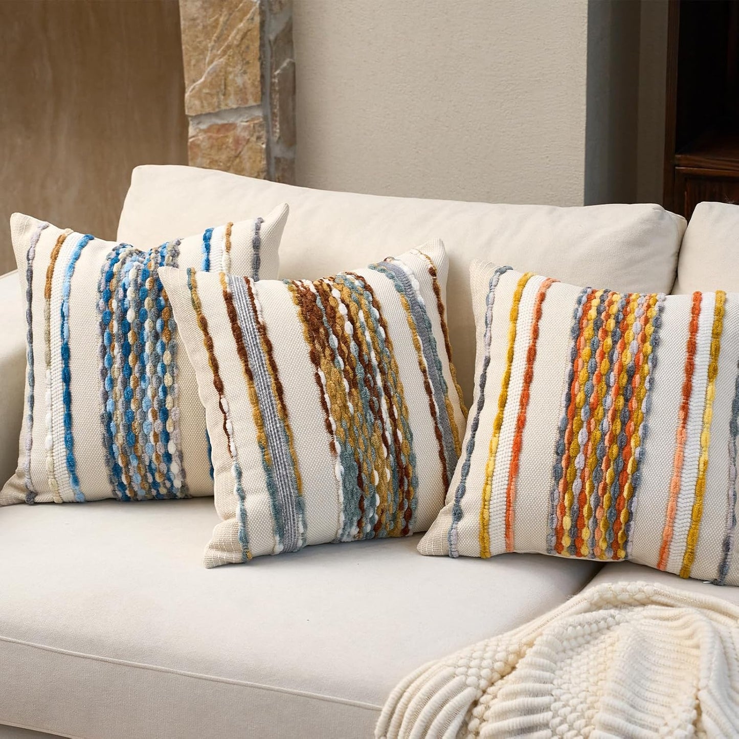 Aeckself Boho Pillow Covers 18x18 Inch Set of 2, Farmhouse Decorative Striped Square Chenille Tufted Accent Neutral Throw Pillow Covers for Living Room Couch Bed, Orange White