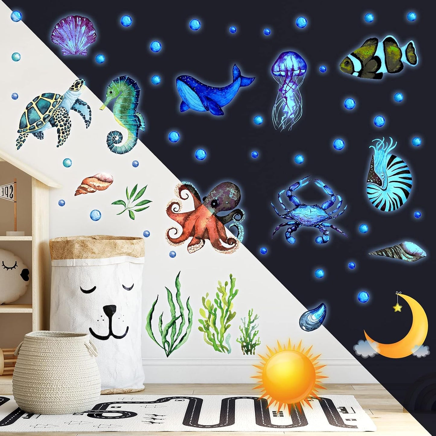 52 Pcs Ocean Fish Wall Decals Glow in The Dark Under The Sea Wall Decals Sea Animals Stickers Removable Waterproof Peel and Stick for Kids Bathroom Watercolor Ocean Decor(Funny Style)