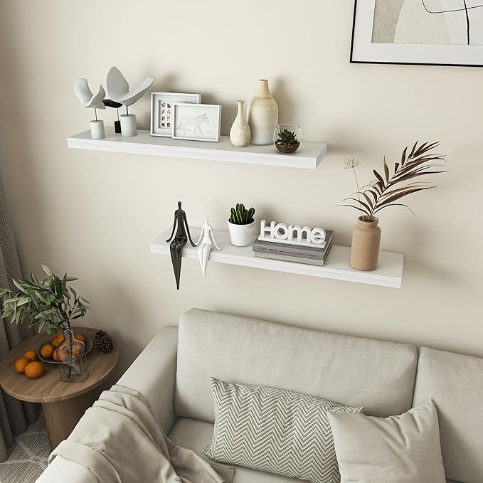 Fun Memories Farmhouse Floating Shelves - 8 Inch Deep Rustic Wood Wall Shelf - Premium Solid Pine Wood Storage Shelf for Kitchen Living Room Bedroom - 30" W x 8" D - Set of 2 - White