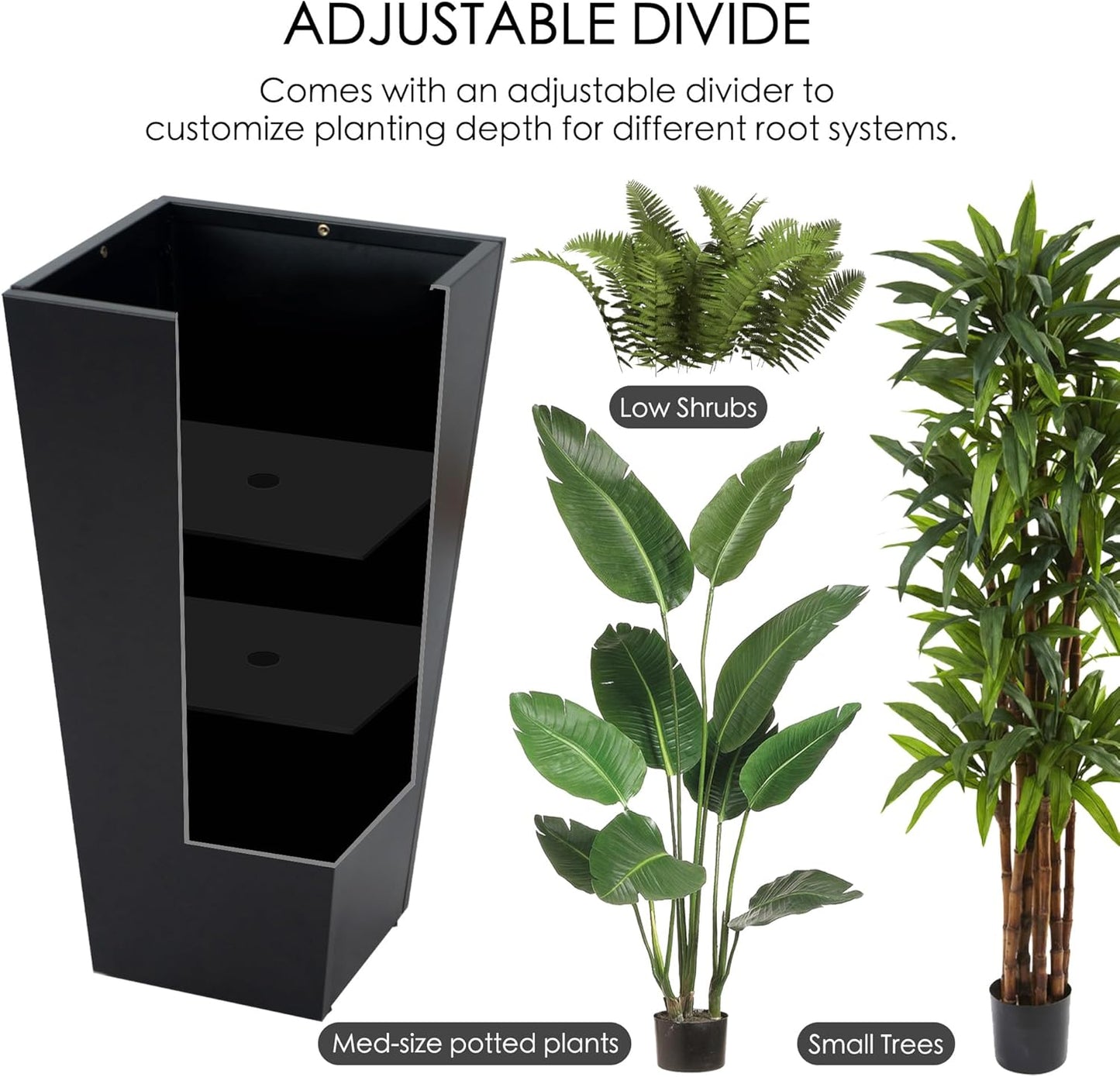 Kozyard 15.4" x 15.4" x 30" Tall Taper Black Metal Planter Flower Plant Pot Indoor Outdoor Planters Steel Flower Pot All-Weather Use with 2 Partition Panels for for Trees, Plants Flowers