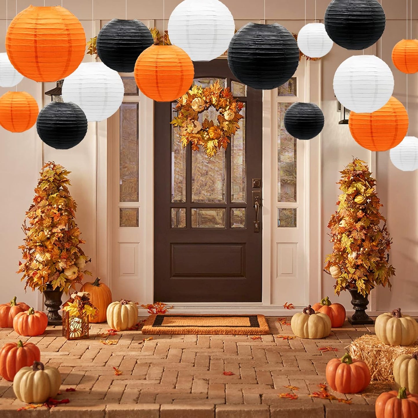 ADLKGG Paper Lanterns Party Decorations, Orange Black White Round Hanging Lanterns for Graduation Halloween Thanksgiving Birthday Party Decorations, 21pcs