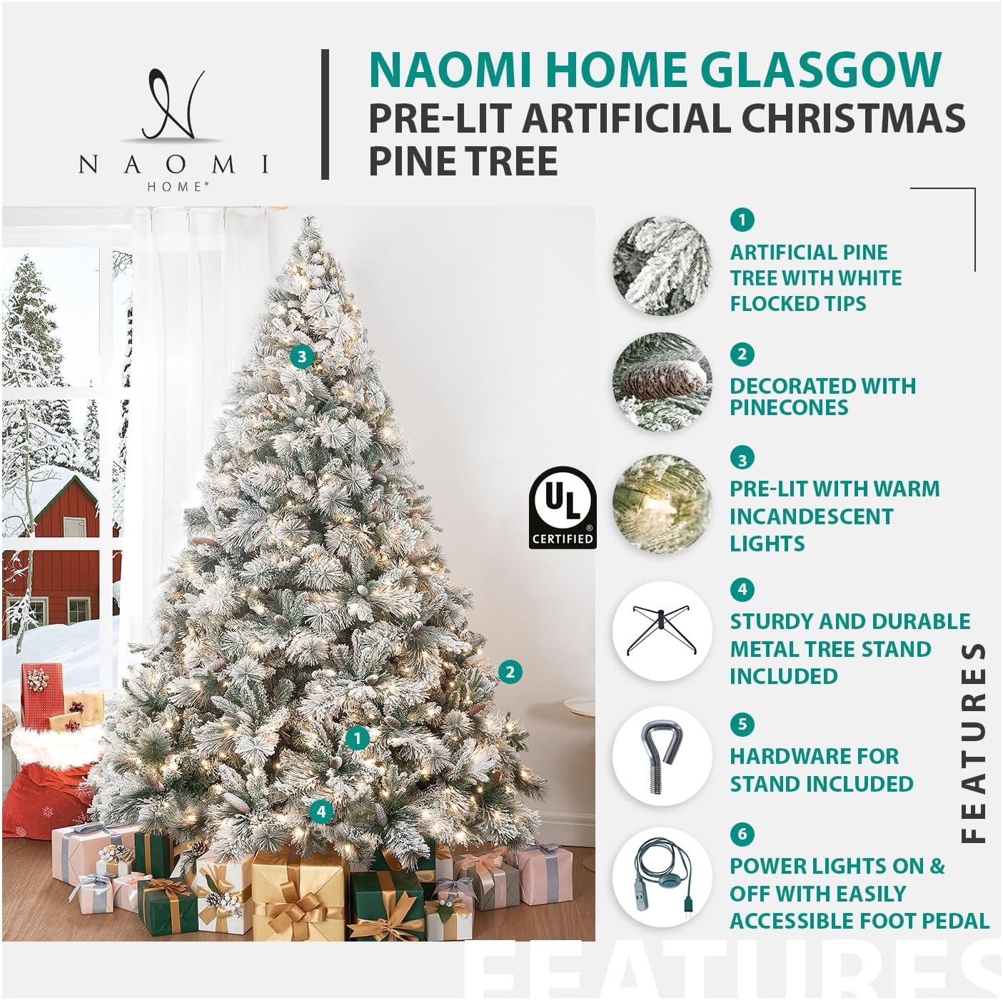 Naomi Home 7.5ft Christmas Tree with Lights Realistic Spruce Christmas Tree Prelit with Foot Pedal 1717 Branch Tips 550 Warm Lights and Metal Stand Aritificial Tree +ürbol De Navidad