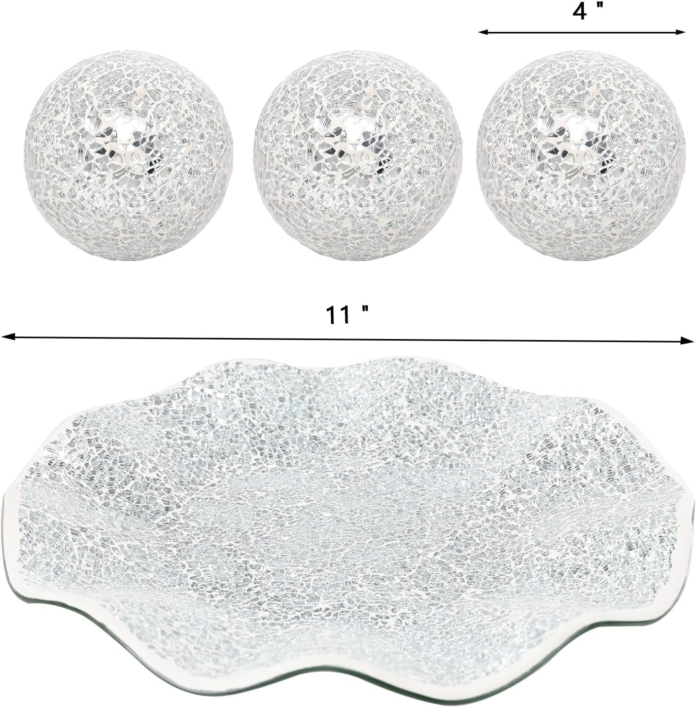 VCUTEKA Decorative Balls and Glass Bowl, 4 Inch Mosaic Sphere Balls Centerpiece Balls for Coffee Table, Home Decor, Wedding Party Decor, Silver Bowl