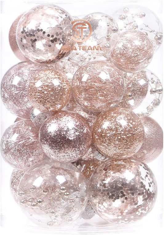 Sea Team Multi-Size Shatterproof Clear Plastic Christmas Tree Ball Ornaments Set, Decorative Hanging Transparent Xmas Baubles with Stuffed Delicate Decorations (25 Counts, Rose Gold)