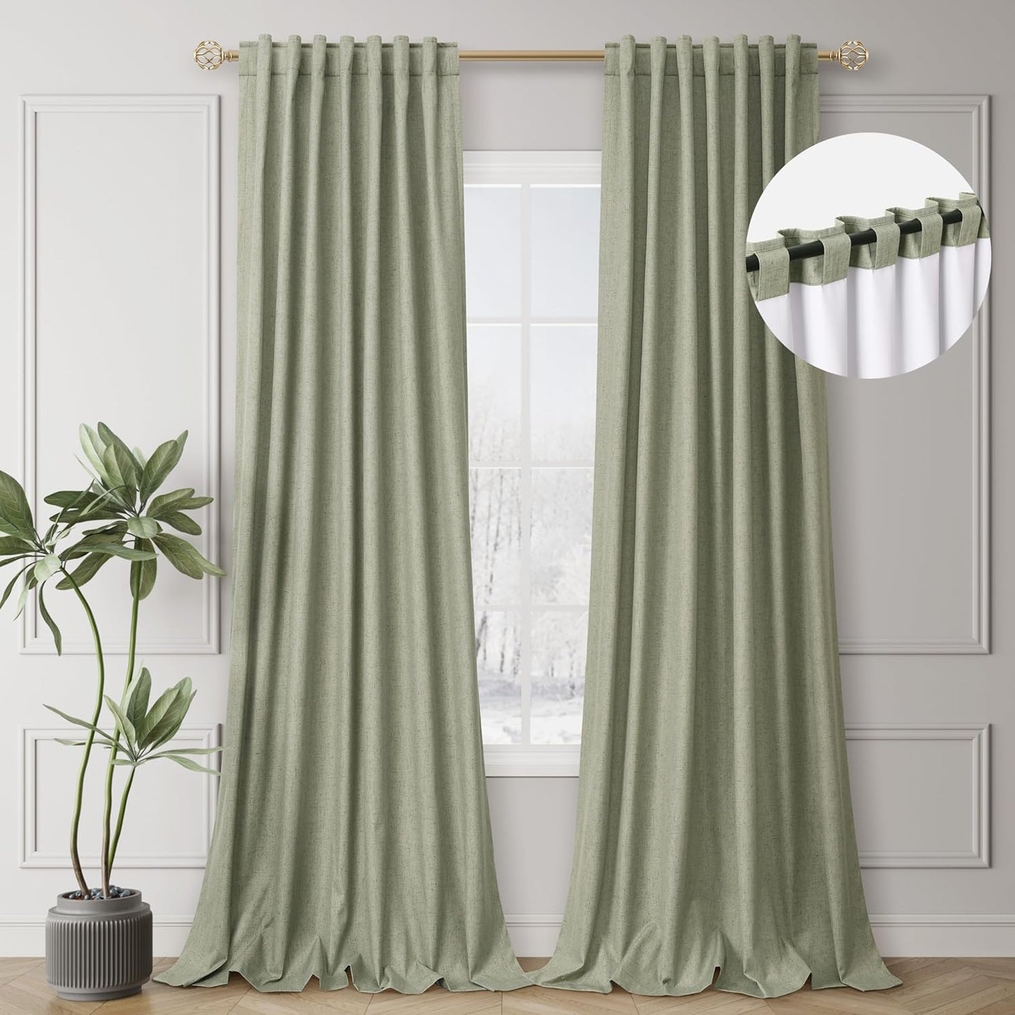 BOODII Sage Green Linen Blackout Curtains Thermal Insulated 120 Inch 100% Complete Black Out Window Curtains Back Tab Linen Textured Neutral Farmhouse Living Room Darkening Drapes High Ceiling Length