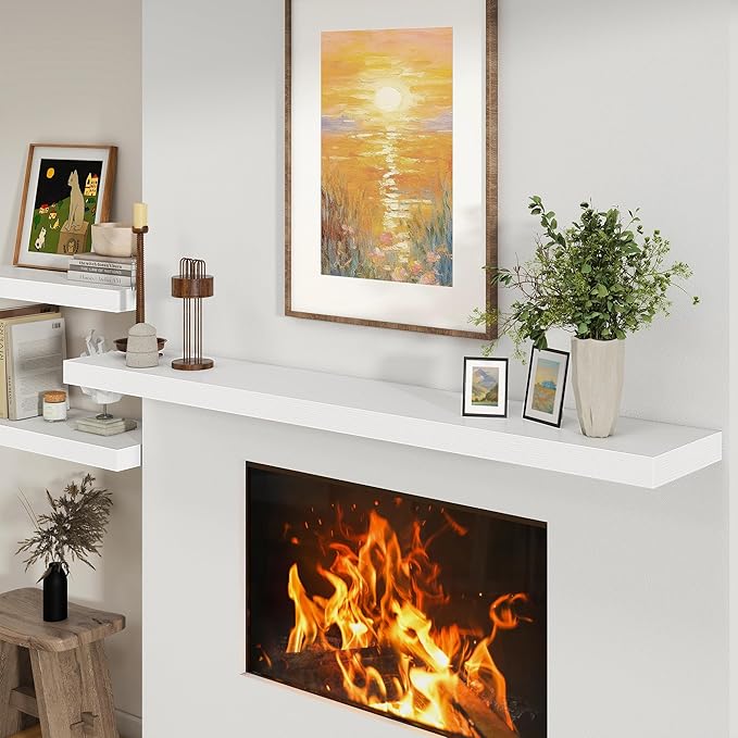 White Floating Shelves for Wall - 72 Inch Wide x 12 Inch Deep Wall Shelves Set of 1 - Rustic White Wood Shelves for Living Room, Bathroom, Laundry Room, Bedroom, Kitchen, Home Office