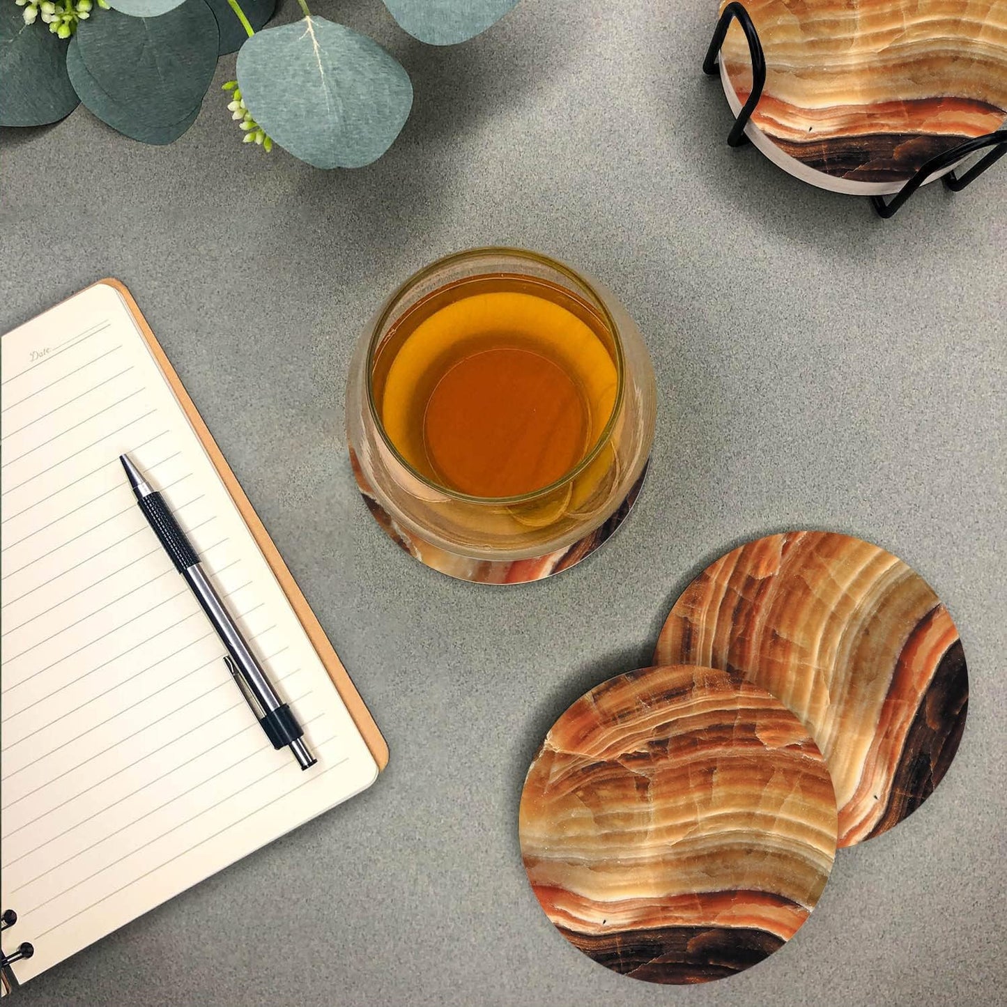 Emerson Essentials Coasters for Drinks Absorbent with Holder, Set of 6, Cork Bottom Ceramic Stone Modern Marble Style for Wooden Coffee Bar Tables, Glass Tabletop Non Slip, Housewarming