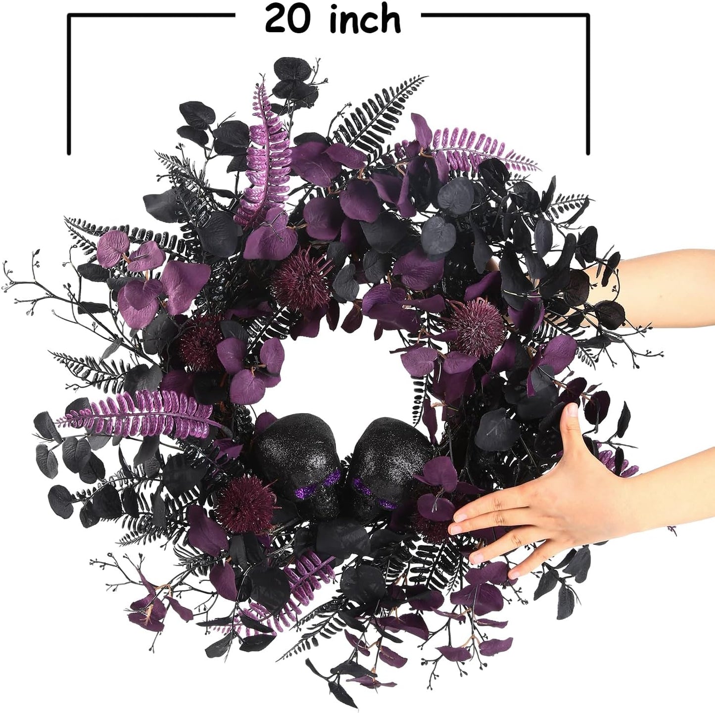 20" Halloween Wreaths for Front Door, Black Glitter Skulls Purple Eucalyptus Leaves Halloween Horror Decor, Gothic Party Room Decoration