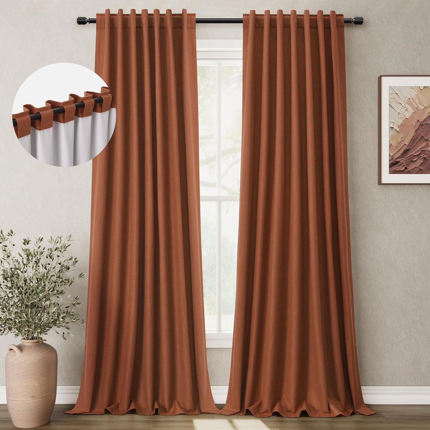 BOODII Terracotta Linen 100% Blackout Curtains 108 Inch Extra Long Room Darkening Light Blocking Thermal Insulated Window Drapes Back Tab for Living Dining Room Flax Linen Look Curtains Burnt Orange