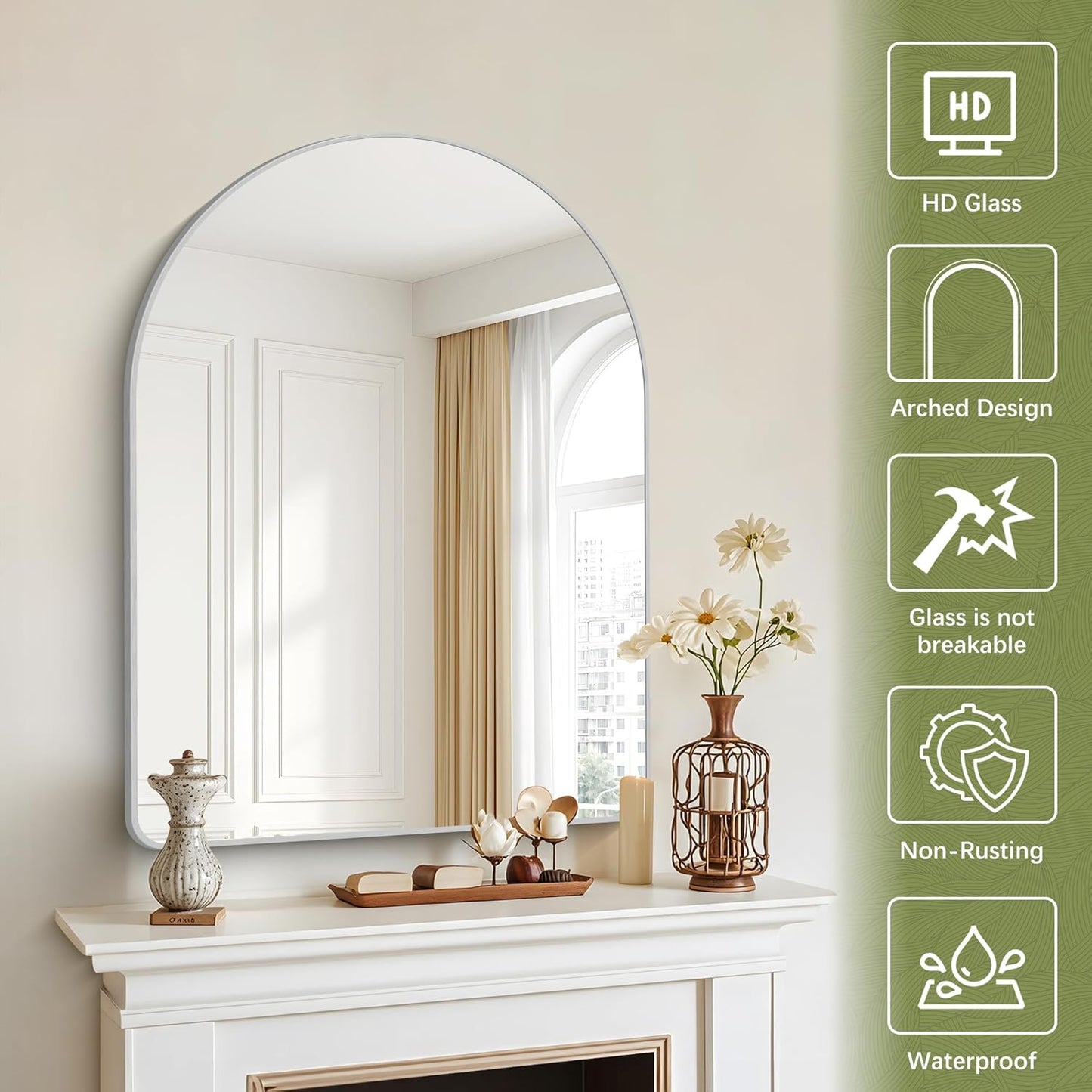 Arched Bathroom Mirror, 30"x40" Silver Arched Mirror, Wall Mounted Mirror, Silver Vanity Wall Mirror w/Metal Frame for Bedroom, Entryway, Living Room, Vertically Hanging or Leaning Against