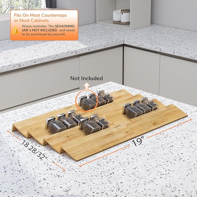 AMBIRD Bamboo Spice Drawer Organizer with Non-slip Mat,4 Tier - 2 Set Jar Spice Rack Tray From 9.5''to 19'', Seasoning Organizer for Kitchen,Cabinet,Drawers,Countertop