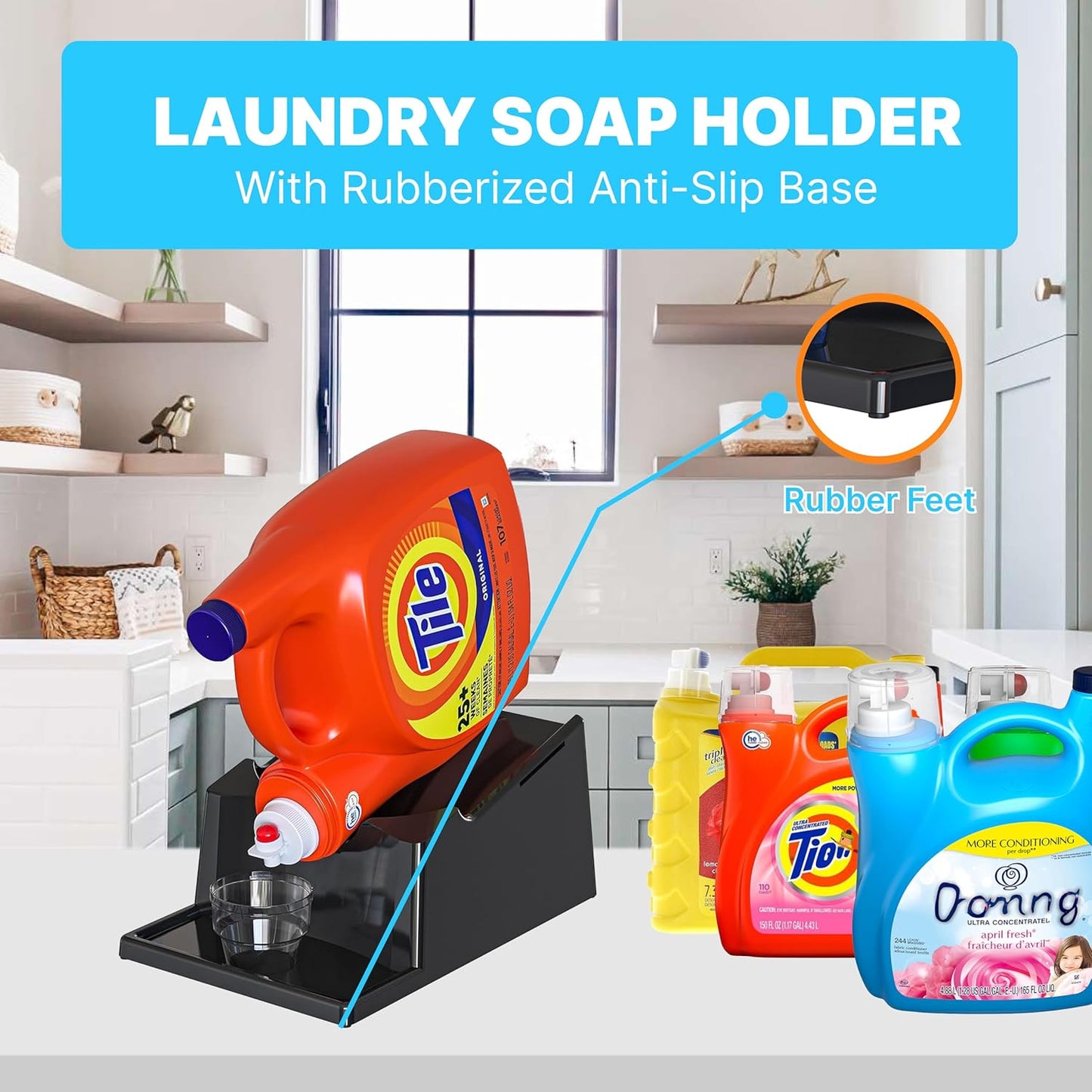 TidyFriend No-Spill Liquid Laundry Detergent Dispenser Holder, Laundry Soap Dispenser Holder with Drip Tray for Laundry Room Organization (No Strap, Black)