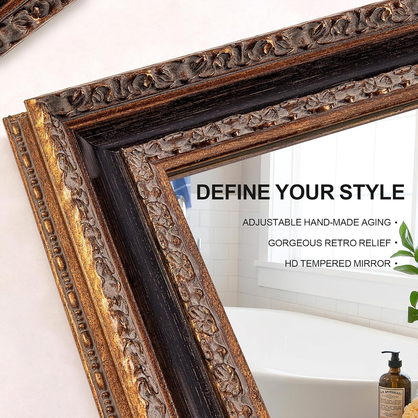 Narrow Vintage Wall Mirror, 46" X 22.5" Decorative Mirror with Black and Bronze Handmade Aging Carvings Solid Wood Frame for Baroque Bathroom, Living Room, Fireplace, Entryway and Bedroom