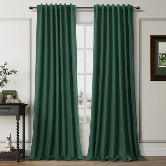 BOODII Full Blackout Curtains 90 Inches Long Room Darkening Curtains for Bedroom Sliding Door Thermal Insulated Black Out Curtains & Drapes Green Linen Curtain 2 Panels Set Back Tab 52x90