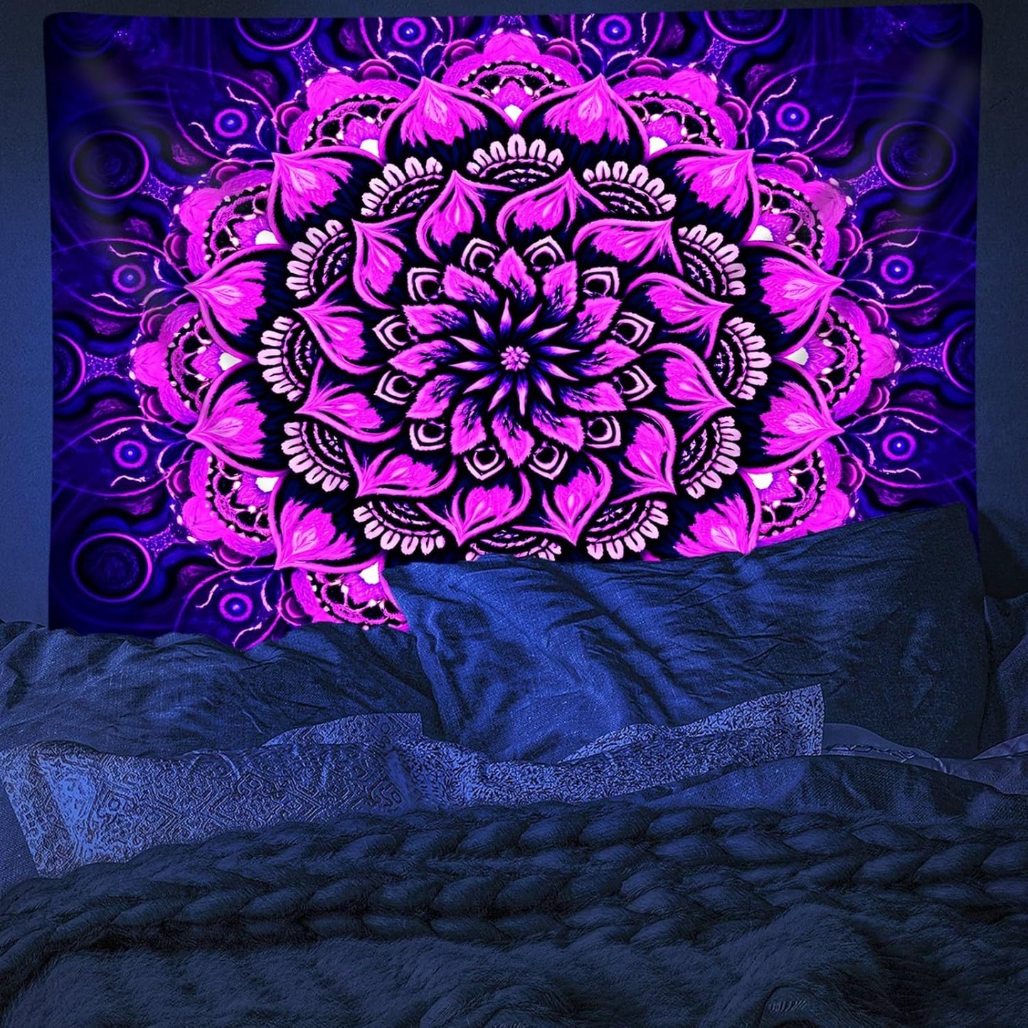 Psyhilar Blacklight Mandala Tapestry Wall Hanging, Psychedelic Flower Black Light Posters for Adults and Teens, UV Reactive Aesthetic Bohemian Art for Bedroom (80 x 60 Inches)