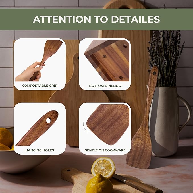 Vasilek Wooden Cooking Utensils Set – 12-Piece Acacia Wood Kitchen Utensil Set with Square Holder & Spoon Rest, Non Toxic Wooden Tools for Nonstick Cookware, Spatula, Ladle, Serving Spoon
