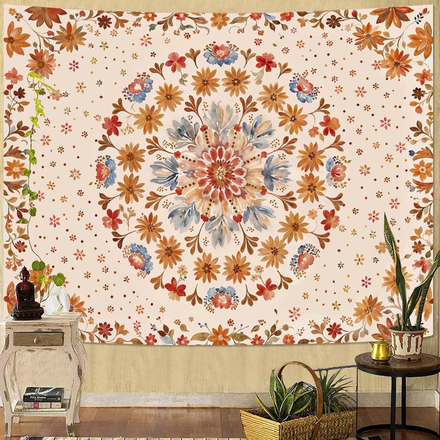 Fowocu Boho Floral Mandala Tapestry Wall Hanging Watercolor Bohemian Flower Medallion Tapestry Aesthetic Beige Orange Hippie Indian Small Tapestries for Bedroom Living Room Dorm Decor 60 x 44 Inch