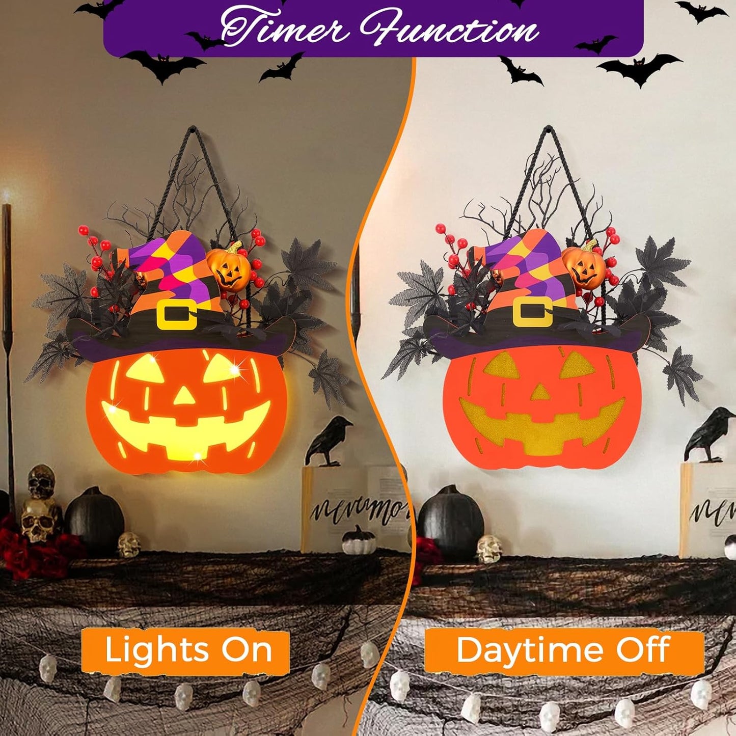 Halloween Pumpkin Decorations, Lighted Jack-O-Lantern with Maple Leaves Berries Witch's Hat, Halloween Wreaths Door Sign Wood Pumpkin for Front Door Indoor Outdoor Yard Party Cartoon Hanger Decor