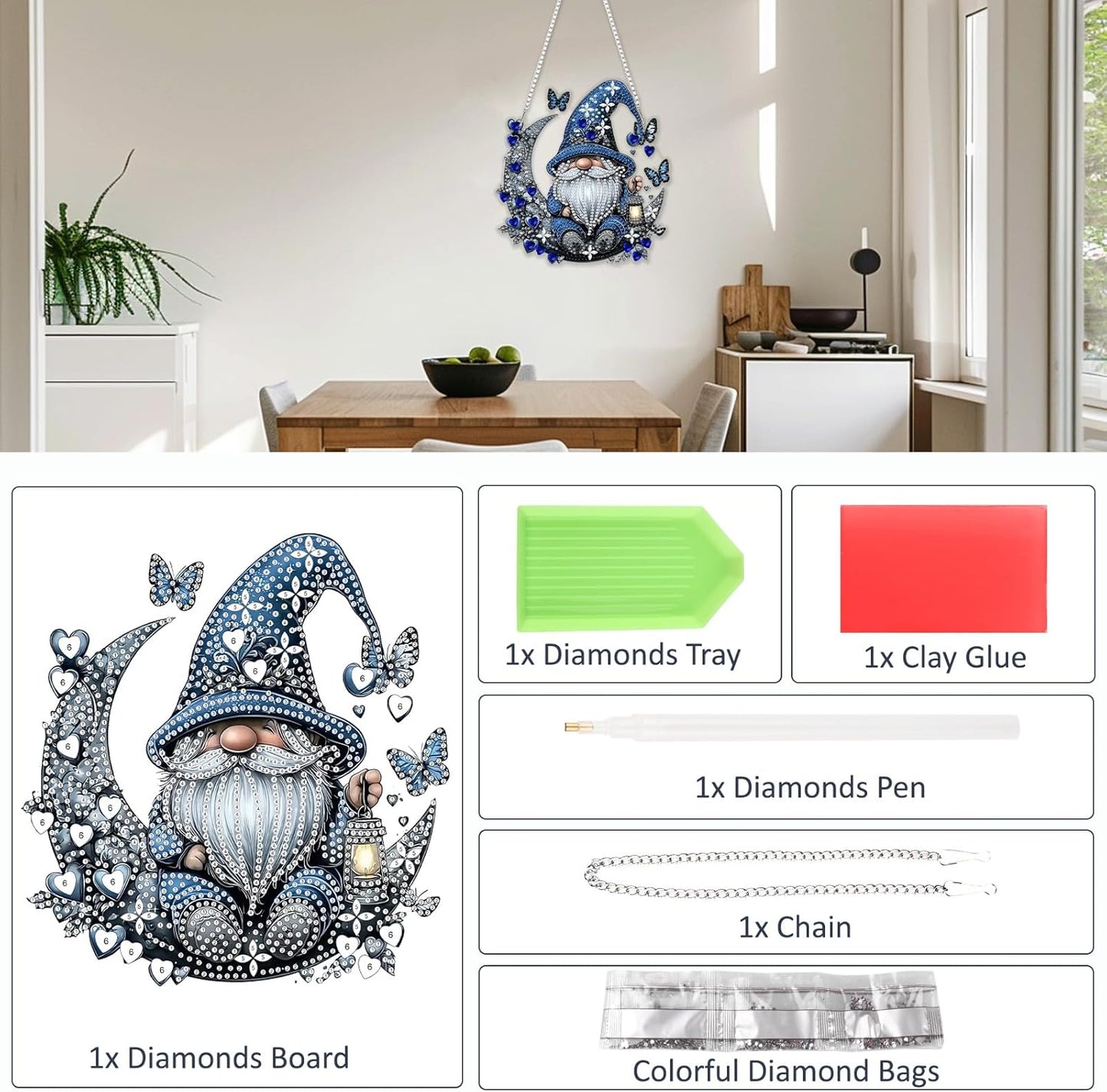 SENQAO Gnome Diamond Art Hanging Kit for Adult, Special Shaped Rhinestone, Double Sided DIY Acrylic Diamond Art Painting Window Pendants Home Garden Wall Hanging Kits Hanging Ornament(Full Moon Love)